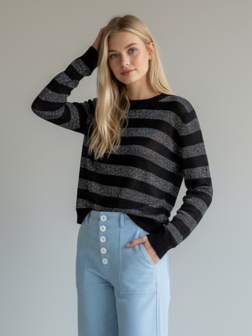 H&M Black & Gray Glitter Shimmer Striped Top Size Small Long Sleeve